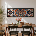 Panoramic artwork displaying an intricate Islamic mandala composed of symmetrical Moorish geometric and floral motifs radiating from a central rosette, featuring layered arabesque shapes and zellige inspired tile patterns in orange, blue, cream, and dark accents arranged in a balanced ornamental composition.