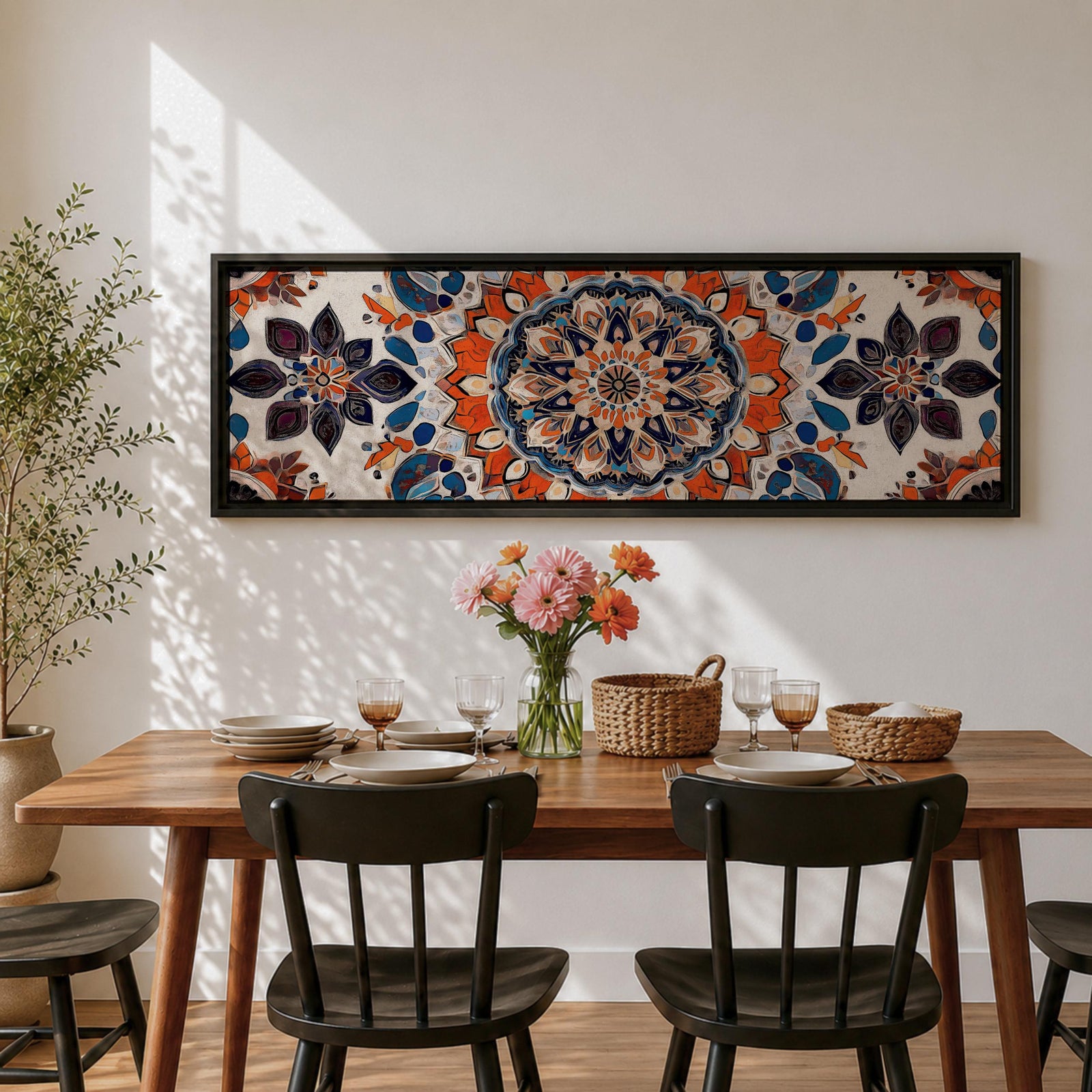 Panoramic artwork displaying an intricate Islamic mandala composed of symmetrical Moorish geometric and floral motifs radiating from a central rosette, featuring layered arabesque shapes and zellige inspired tile patterns in orange, blue, cream, and dark accents arranged in a balanced ornamental composition.