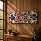 Panoramic artwork displaying an intricate Islamic mandala composed of symmetrical Moorish geometric and floral motifs radiating from a central rosette, featuring layered arabesque shapes and zellige inspired tile patterns in orange, blue, cream, and dark accents arranged in a balanced ornamental composition.