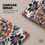 Panoramic artwork displaying an intricate Islamic mandala composed of symmetrical Moorish geometric and floral motifs radiating from a central rosette, featuring layered arabesque shapes and zellige inspired tile patterns in orange, blue, cream, and dark accents arranged in a balanced ornamental composition.