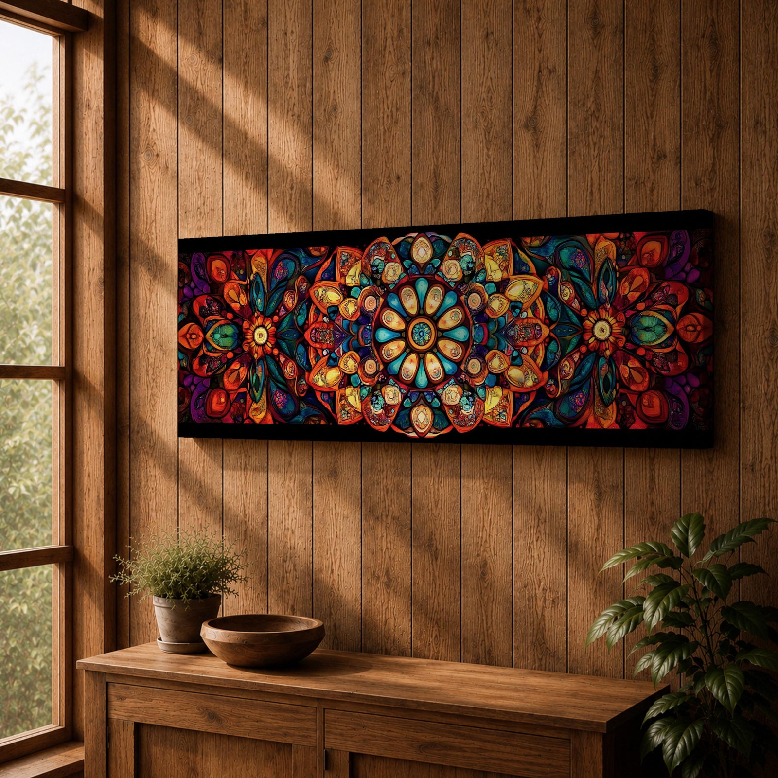 Panoramic artwork featuring a vibrant Islamic mandala composed of intricate arabesque and geometric patterns radiating from a central rosette, with layered symmetrical motifs in rich shades of red, orange, teal, blue, and gold set against a dark background, inspired by traditional Moroccan and Islamic ornamental design.