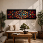 Panoramic artwork featuring a vibrant Islamic mandala composed of intricate arabesque and geometric patterns radiating from a central rosette, with layered symmetrical motifs in rich shades of red, orange, teal, blue, and gold set against a dark background, inspired by traditional Moroccan and Islamic ornamental design.