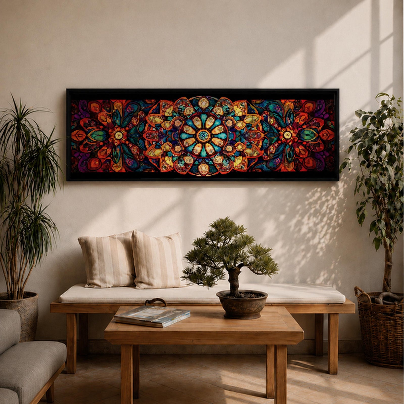 Panoramic artwork featuring a vibrant Islamic mandala composed of intricate arabesque and geometric patterns radiating from a central rosette, with layered symmetrical motifs in rich shades of red, orange, teal, blue, and gold set against a dark background, inspired by traditional Moroccan and Islamic ornamental design.
