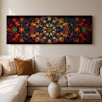 Panoramic artwork featuring a vibrant Islamic mandala composed of intricate arabesque and geometric patterns radiating from a central rosette, with layered symmetrical motifs in rich shades of red, orange, teal, blue, and gold set against a dark background, inspired by traditional Moroccan and Islamic ornamental design.