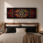 Panoramic artwork featuring a vibrant Islamic mandala composed of intricate arabesque and geometric patterns radiating from a central rosette, with layered symmetrical motifs in rich shades of red, orange, teal, blue, and gold set against a dark background, inspired by traditional Moroccan and Islamic ornamental design.
