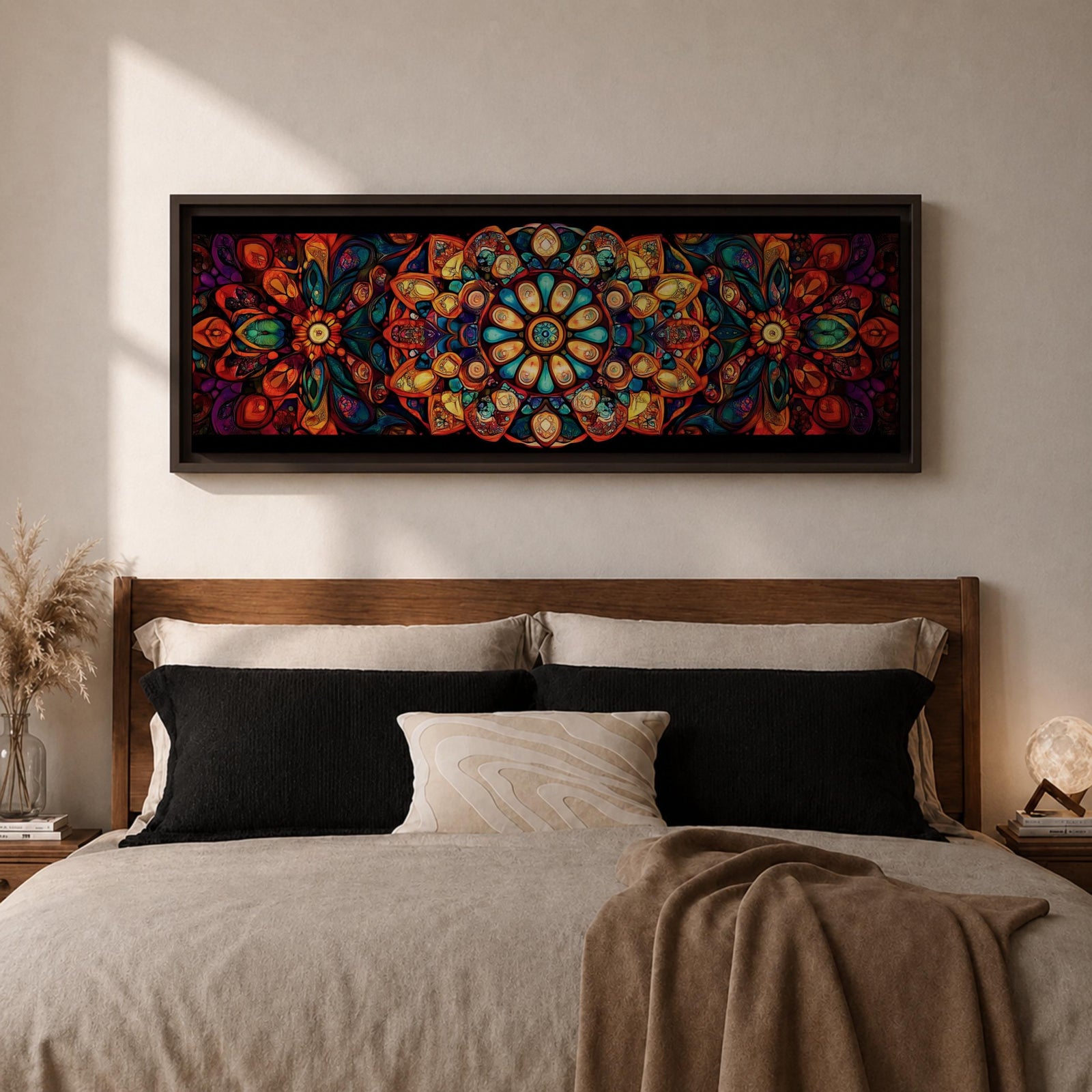 Panoramic artwork featuring a vibrant Islamic mandala composed of intricate arabesque and geometric patterns radiating from a central rosette, with layered symmetrical motifs in rich shades of red, orange, teal, blue, and gold set against a dark background, inspired by traditional Moroccan and Islamic ornamental design.