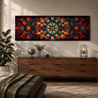 Panoramic artwork featuring a vibrant Islamic mandala composed of intricate arabesque and geometric patterns radiating from a central rosette, with layered symmetrical motifs in rich shades of red, orange, teal, blue, and gold set against a dark background, inspired by traditional Moroccan and Islamic ornamental design.