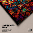 Panoramic artwork featuring a vibrant Islamic mandala composed of intricate arabesque and geometric patterns radiating from a central rosette, with layered symmetrical motifs in rich shades of red, orange, teal, blue, and gold set against a dark background, inspired by traditional Moroccan and Islamic ornamental design.