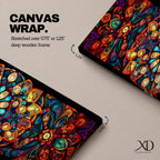 Panoramic artwork featuring a vibrant Islamic mandala composed of intricate arabesque and geometric patterns radiating from a central rosette, with layered symmetrical motifs in rich shades of red, orange, teal, blue, and gold set against a dark background, inspired by traditional Moroccan and Islamic ornamental design.