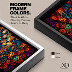 Panoramic artwork featuring a vibrant Islamic mandala composed of intricate arabesque and geometric patterns radiating from a central rosette, with layered symmetrical motifs in rich shades of red, orange, teal, blue, and gold set against a dark background, inspired by traditional Moroccan and Islamic ornamental design.