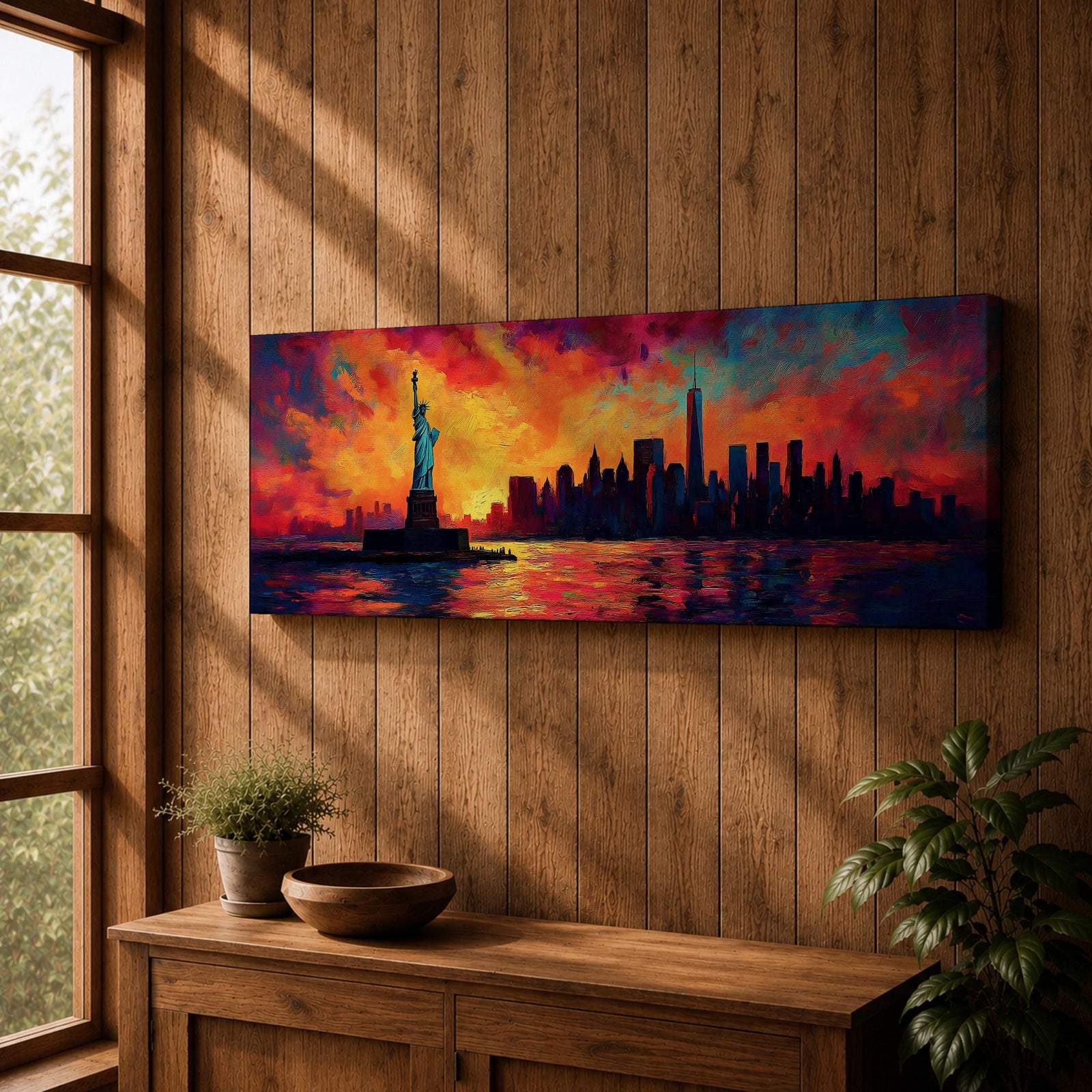 Panoramic cityscape painting showing the Statue of Liberty standing in the harbor with the New York City skyline stretching across the horizon, including tall skyscrapers and One World Trade Center, illuminated by a dramatic sunset sky filled with vibrant red, orange, and blue clouds reflected in the water.