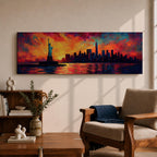 Panoramic cityscape painting showing the Statue of Liberty standing in the harbor with the New York City skyline stretching across the horizon, including tall skyscrapers and One World Trade Center, illuminated by a dramatic sunset sky filled with vibrant red, orange, and blue clouds reflected in the water.