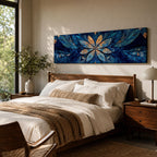 Panoramic floral mandala artwork featuring a symmetrical lotus flower design with layered petals spreading outward in deep blue and gold tones, accented with delicate botanical shapes and watercolor textures that create an intricate ornamental pattern across a wide horizontal composition.
