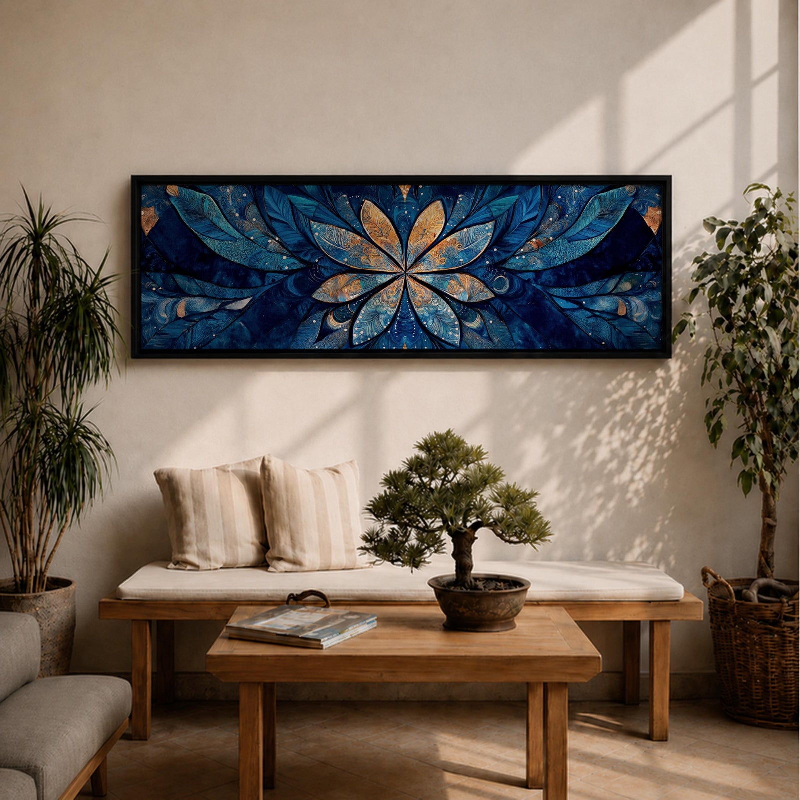 Panoramic floral mandala artwork featuring a symmetrical lotus flower design with layered petals spreading outward in deep blue and gold tones, accented with delicate botanical shapes and watercolor textures that create an intricate ornamental pattern across a wide horizontal composition.