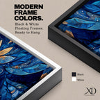 Panoramic floral mandala artwork featuring a symmetrical lotus flower design with layered petals spreading outward in deep blue and gold tones, accented with delicate botanical shapes and watercolor textures that create an intricate ornamental pattern across a wide horizontal composition.