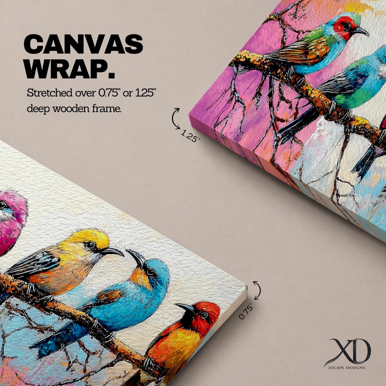Panoramic painting of colorful tropical birds perched along a tree branch, featuring multiple small songbirds in vibrant shades of blue, pink, yellow, orange, and teal against a soft pastel background with delicate branches and expressive brushstrokes forming a lively horizontal nature composition.