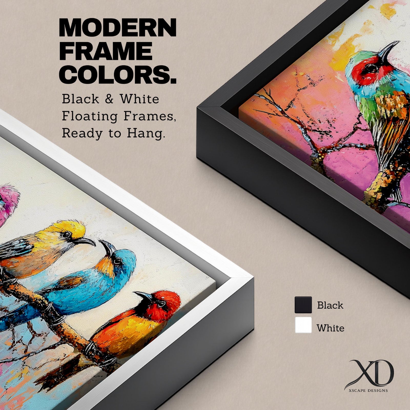 Panoramic painting of colorful tropical birds perched along a tree branch, featuring multiple small songbirds in vibrant shades of blue, pink, yellow, orange, and teal against a soft pastel background with delicate branches and expressive brushstrokes forming a lively horizontal nature composition.