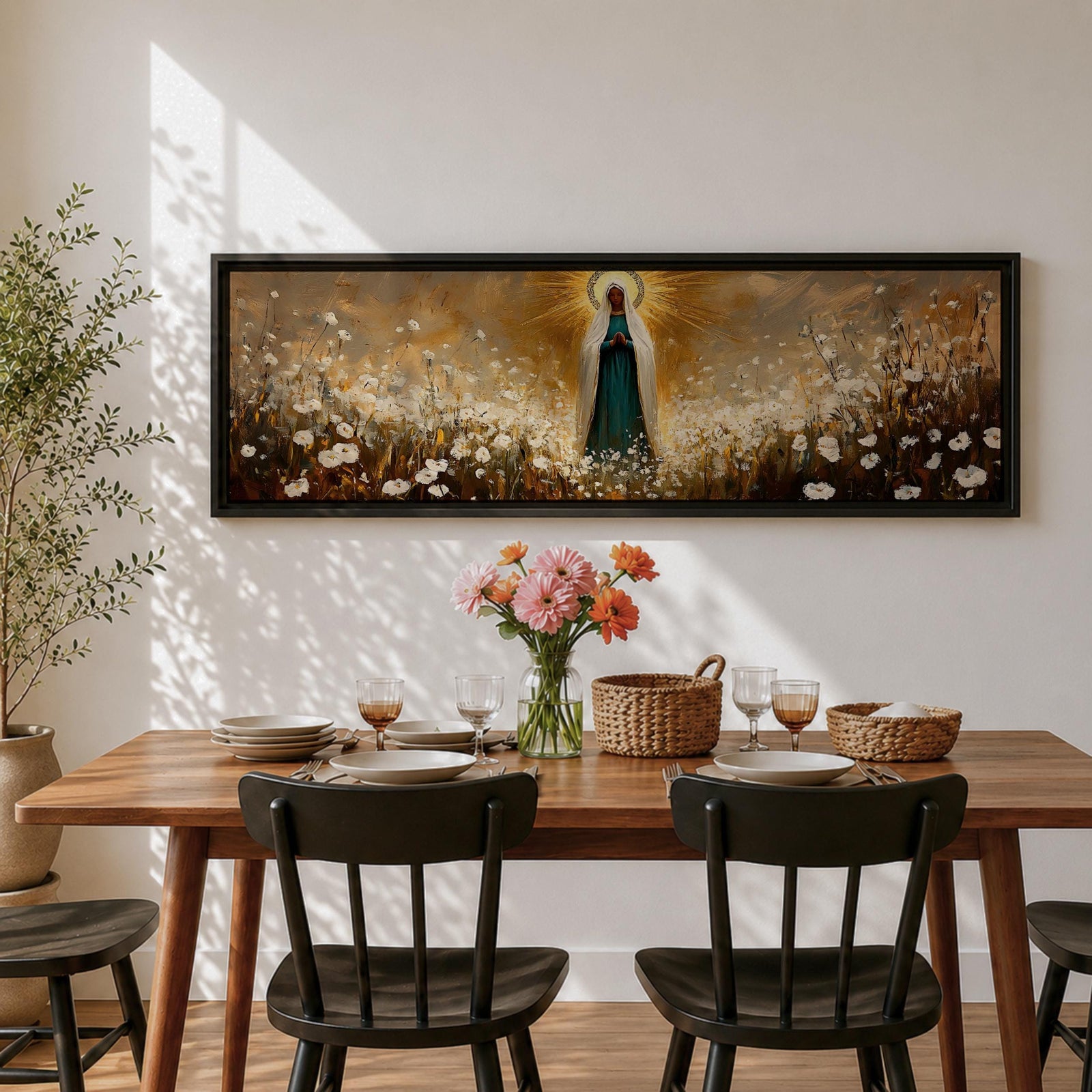 Panoramic religious painting depicting the Virgin Mary standing in a glowing field of white flowers with hands gently clasped in prayer, wearing a flowing robe and veil illuminated by radiant golden light forming a halo behind her, surrounded by soft natural scenery rendered in warm earthy tones and expressive brushstrokes.