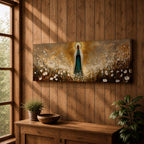 Panoramic religious painting depicting the Virgin Mary standing in a glowing field of white flowers with hands gently clasped in prayer, wearing a flowing robe and veil illuminated by radiant golden light forming a halo behind her, surrounded by soft natural scenery rendered in warm earthy tones and expressive brushstrokes.