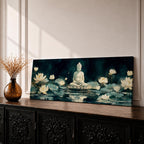 Panoramic painting of a serene Buddha seated in meditation on a lotus platform surrounded by blooming white lotus flowers floating on a calm reflective pond, set beneath a deep blue night sky with soft glowing light and tranquil watercolor textures creating a peaceful spiritual scene.