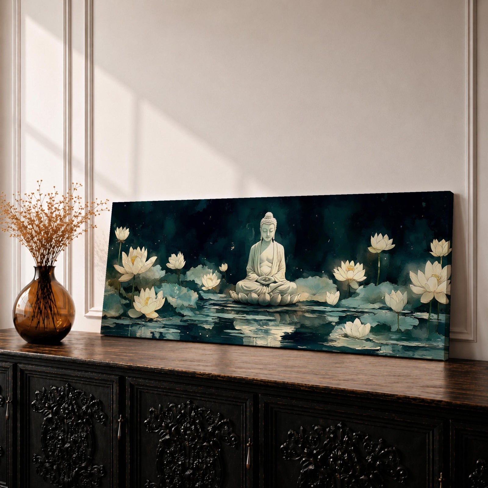 Panoramic painting of a serene Buddha seated in meditation on a lotus platform surrounded by blooming white lotus flowers floating on a calm reflective pond, set beneath a deep blue night sky with soft glowing light and tranquil watercolor textures creating a peaceful spiritual scene.