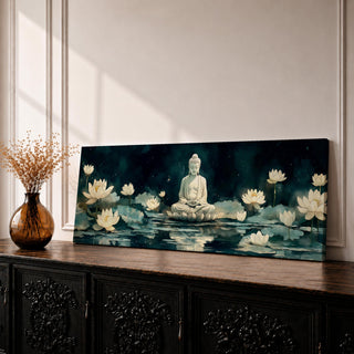Panoramic painting of a serene Buddha seated in meditation on a lotus platform surrounded by blooming white lotus flowers floating on a calm reflective pond, set beneath a deep blue night sky with soft glowing light and tranquil watercolor textures creating a peaceful spiritual scene.