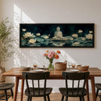 Panoramic painting of a serene Buddha seated in meditation on a lotus platform surrounded by blooming white lotus flowers floating on a calm reflective pond, set beneath a deep blue night sky with soft glowing light and tranquil watercolor textures creating a peaceful spiritual scene.