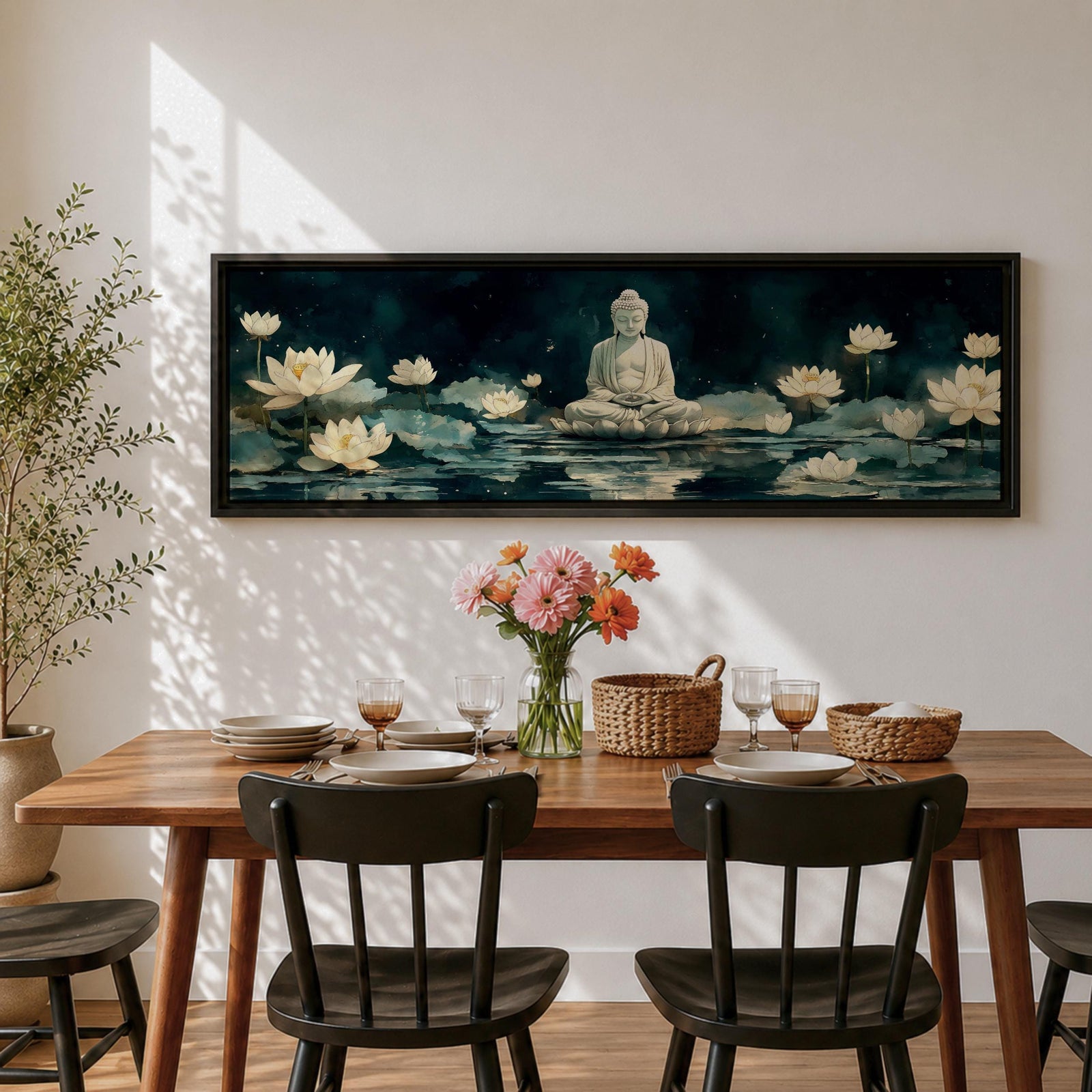 Panoramic painting of a serene Buddha seated in meditation on a lotus platform surrounded by blooming white lotus flowers floating on a calm reflective pond, set beneath a deep blue night sky with soft glowing light and tranquil watercolor textures creating a peaceful spiritual scene.