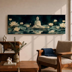 Panoramic painting of a serene Buddha seated in meditation on a lotus platform surrounded by blooming white lotus flowers floating on a calm reflective pond, set beneath a deep blue night sky with soft glowing light and tranquil watercolor textures creating a peaceful spiritual scene.