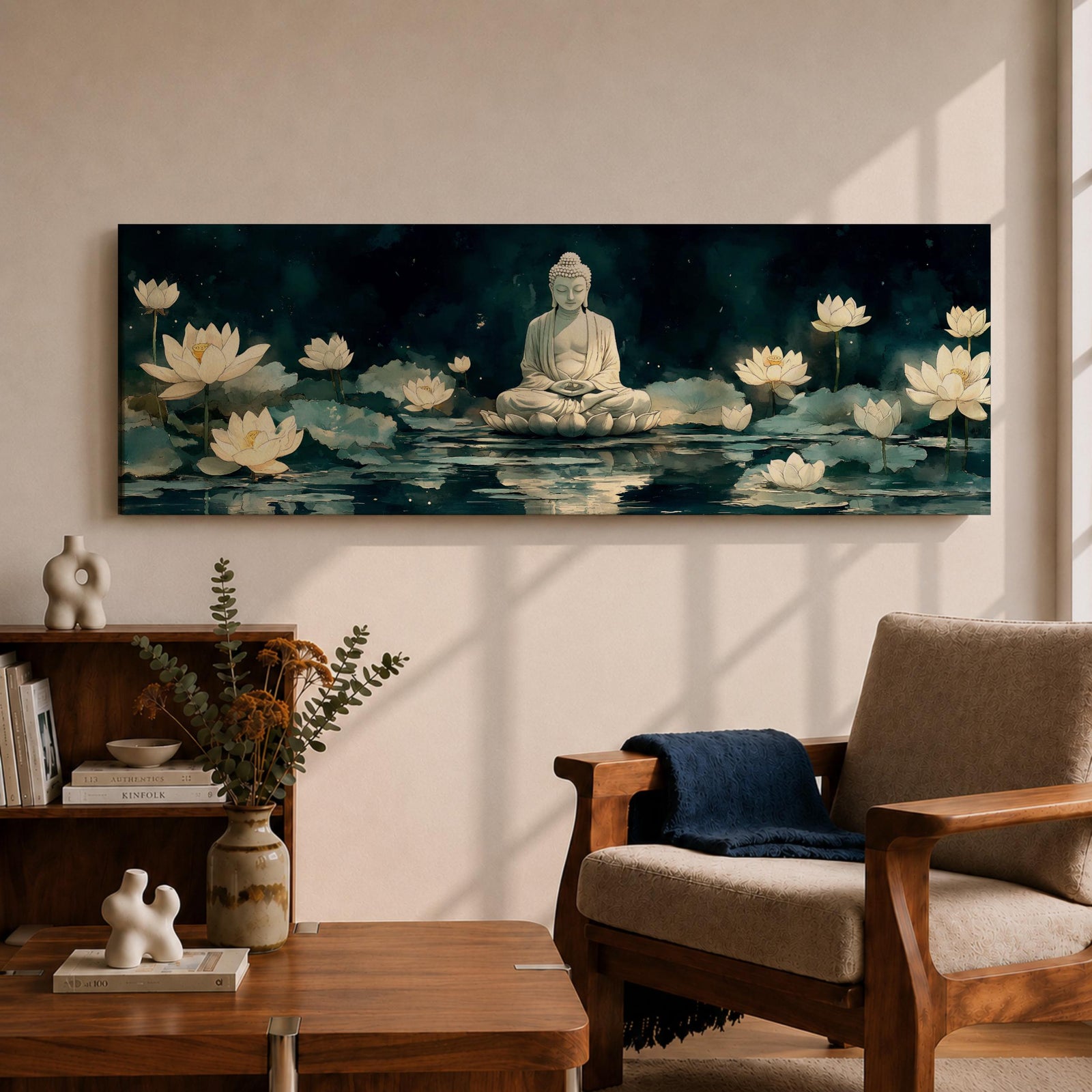 Panoramic painting of a serene Buddha seated in meditation on a lotus platform surrounded by blooming white lotus flowers floating on a calm reflective pond, set beneath a deep blue night sky with soft glowing light and tranquil watercolor textures creating a peaceful spiritual scene.