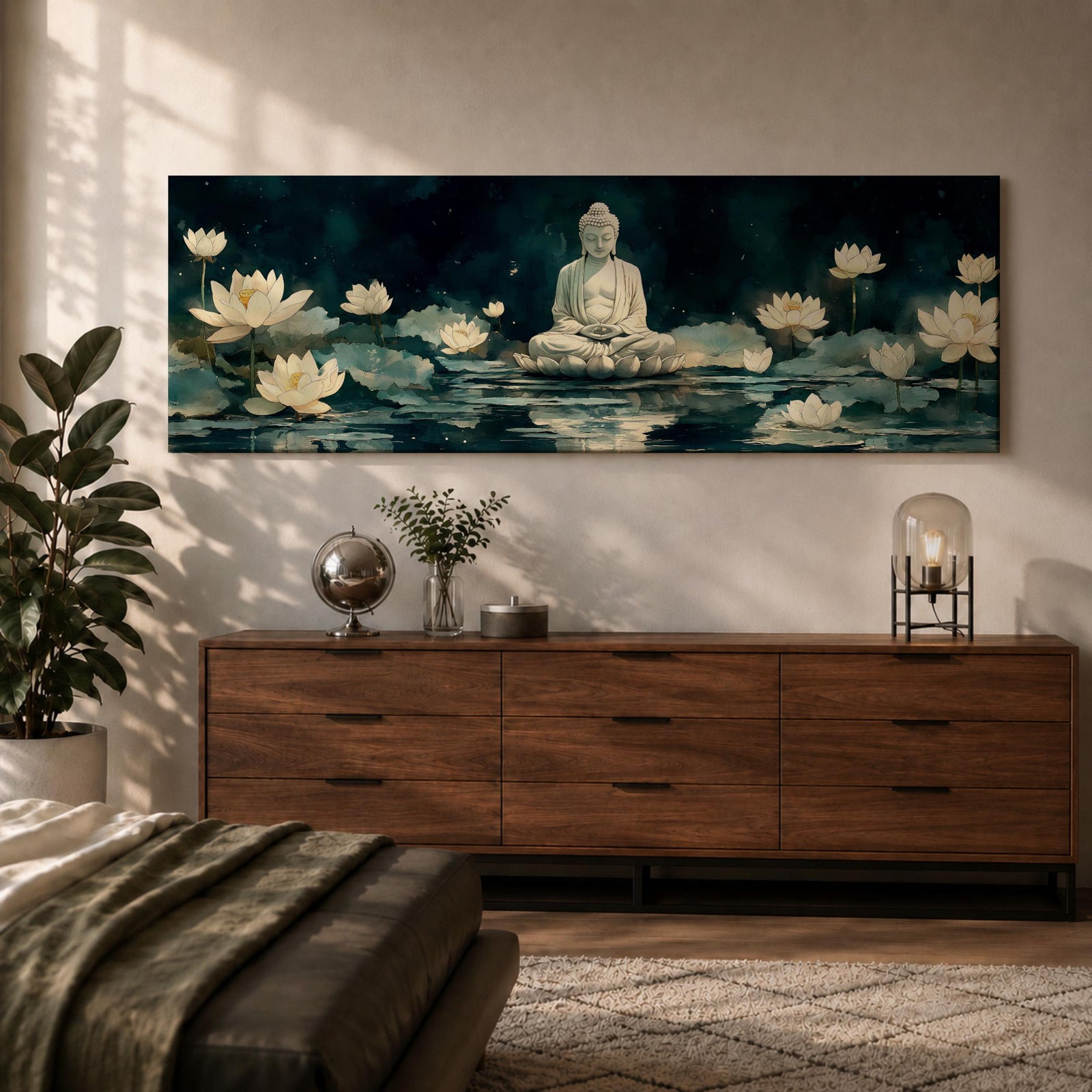 Panoramic painting of a serene Buddha seated in meditation on a lotus platform surrounded by blooming white lotus flowers floating on a calm reflective pond, set beneath a deep blue night sky with soft glowing light and tranquil watercolor textures creating a peaceful spiritual scene.