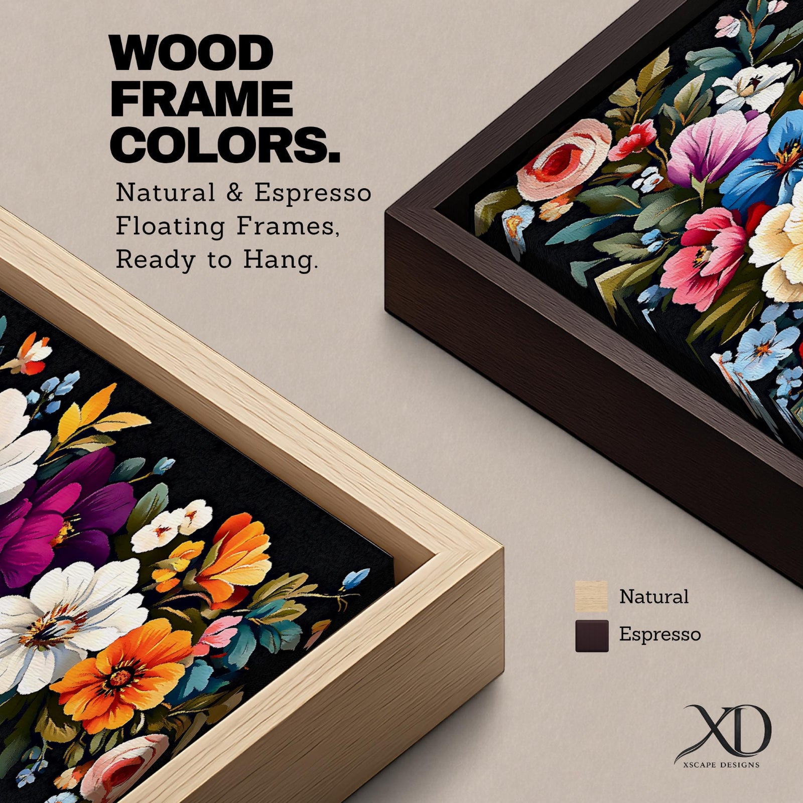 Panoramic floral painting featuring a dense arrangement of colorful botanical flowers including roses and wildflowers layered across a dark background, with detailed petals in shades of cream, red, pink, blue, and orange surrounded by green leaves forming a rich horizontal botanical composition.