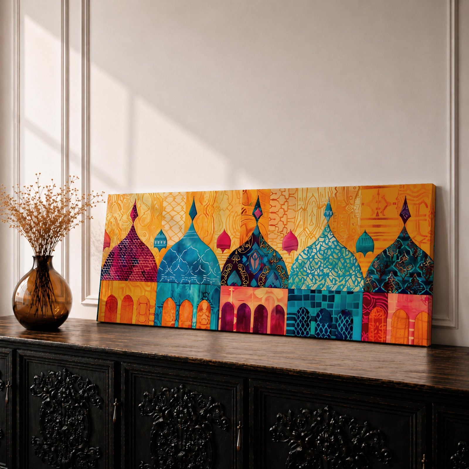 Panoramic artwork depicting a row of colorful Islamic mosque domes and arches rendered in vibrant watercolor style, featuring intricate geometric patterns and ornamental details in shades of turquoise, orange, pink, and gold forming a stylized architectural skyline inspired by Middle Eastern and Arabic design.