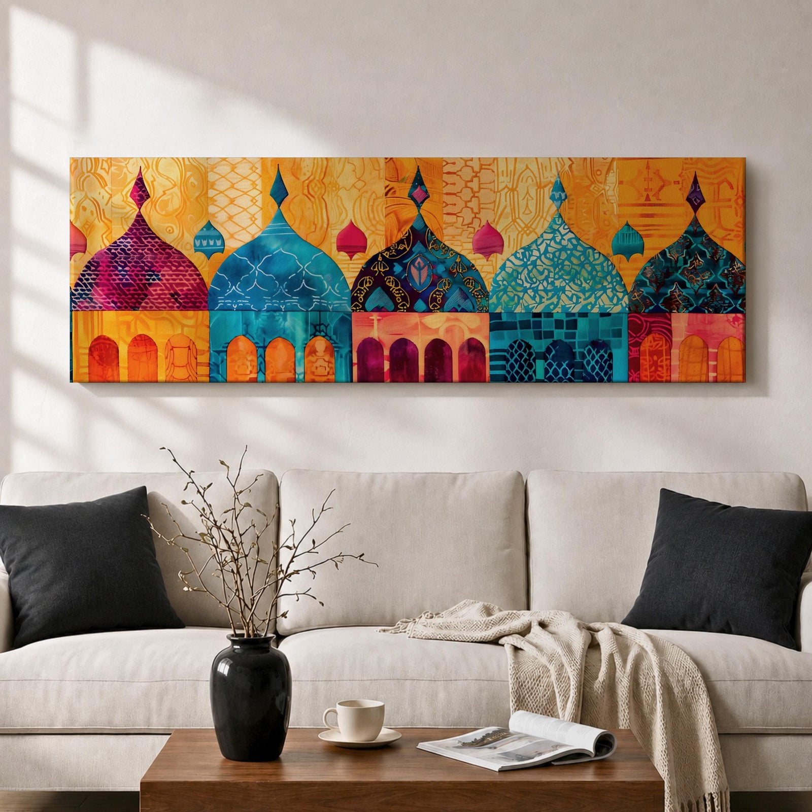 Panoramic artwork depicting a row of colorful Islamic mosque domes and arches rendered in vibrant watercolor style, featuring intricate geometric patterns and ornamental details in shades of turquoise, orange, pink, and gold forming a stylized architectural skyline inspired by Middle Eastern and Arabic design.