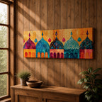 Panoramic artwork depicting a row of colorful Islamic mosque domes and arches rendered in vibrant watercolor style, featuring intricate geometric patterns and ornamental details in shades of turquoise, orange, pink, and gold forming a stylized architectural skyline inspired by Middle Eastern and Arabic design.