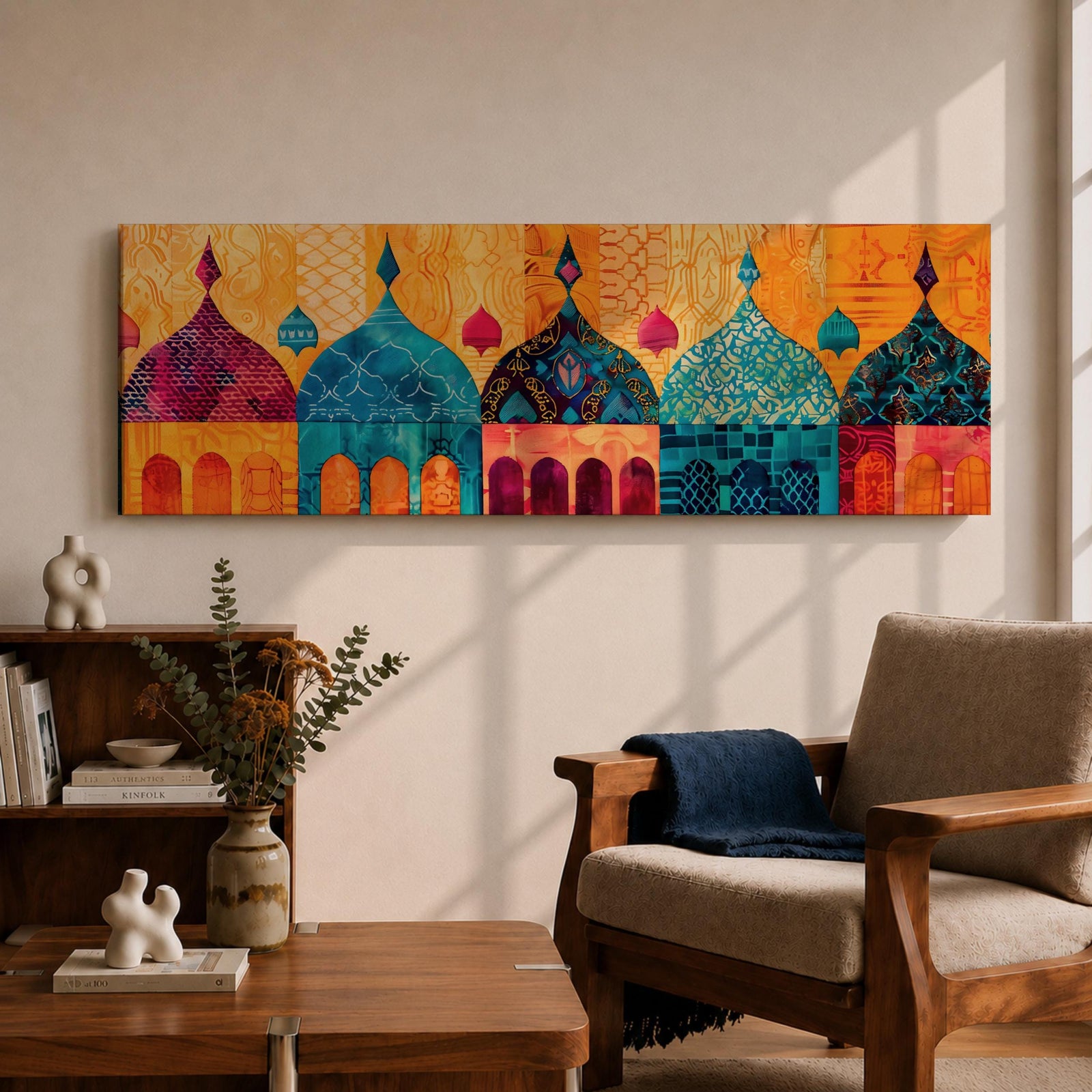 Panoramic artwork depicting a row of colorful Islamic mosque domes and arches rendered in vibrant watercolor style, featuring intricate geometric patterns and ornamental details in shades of turquoise, orange, pink, and gold forming a stylized architectural skyline inspired by Middle Eastern and Arabic design.