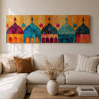 Panoramic artwork depicting a row of colorful Islamic mosque domes and arches rendered in vibrant watercolor style, featuring intricate geometric patterns and ornamental details in shades of turquoise, orange, pink, and gold forming a stylized architectural skyline inspired by Middle Eastern and Arabic design.