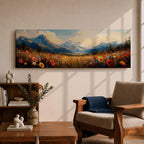 Panoramic landscape painting depicting a wide alpine meadow filled with colorful wildflowers in the foreground leading toward distant snow capped mountains, with rolling hills and soft clouds above, rendered in warm natural tones and expressive brushstrokes forming a sweeping scenic mountain vista.