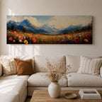 Panoramic landscape painting depicting a wide alpine meadow filled with colorful wildflowers in the foreground leading toward distant snow capped mountains, with rolling hills and soft clouds above, rendered in warm natural tones and expressive brushstrokes forming a sweeping scenic mountain vista.