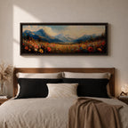 Panoramic landscape painting depicting a wide alpine meadow filled with colorful wildflowers in the foreground leading toward distant snow capped mountains, with rolling hills and soft clouds above, rendered in warm natural tones and expressive brushstrokes forming a sweeping scenic mountain vista.