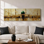 Panoramic painting depicting Masjid Al Nabawi in Medina with its iconic green dome and surrounding minarets rising above golden mosque architecture, rendered with textured brushstrokes and warm earth tones reflecting across calm water beneath a softly illuminated sky.