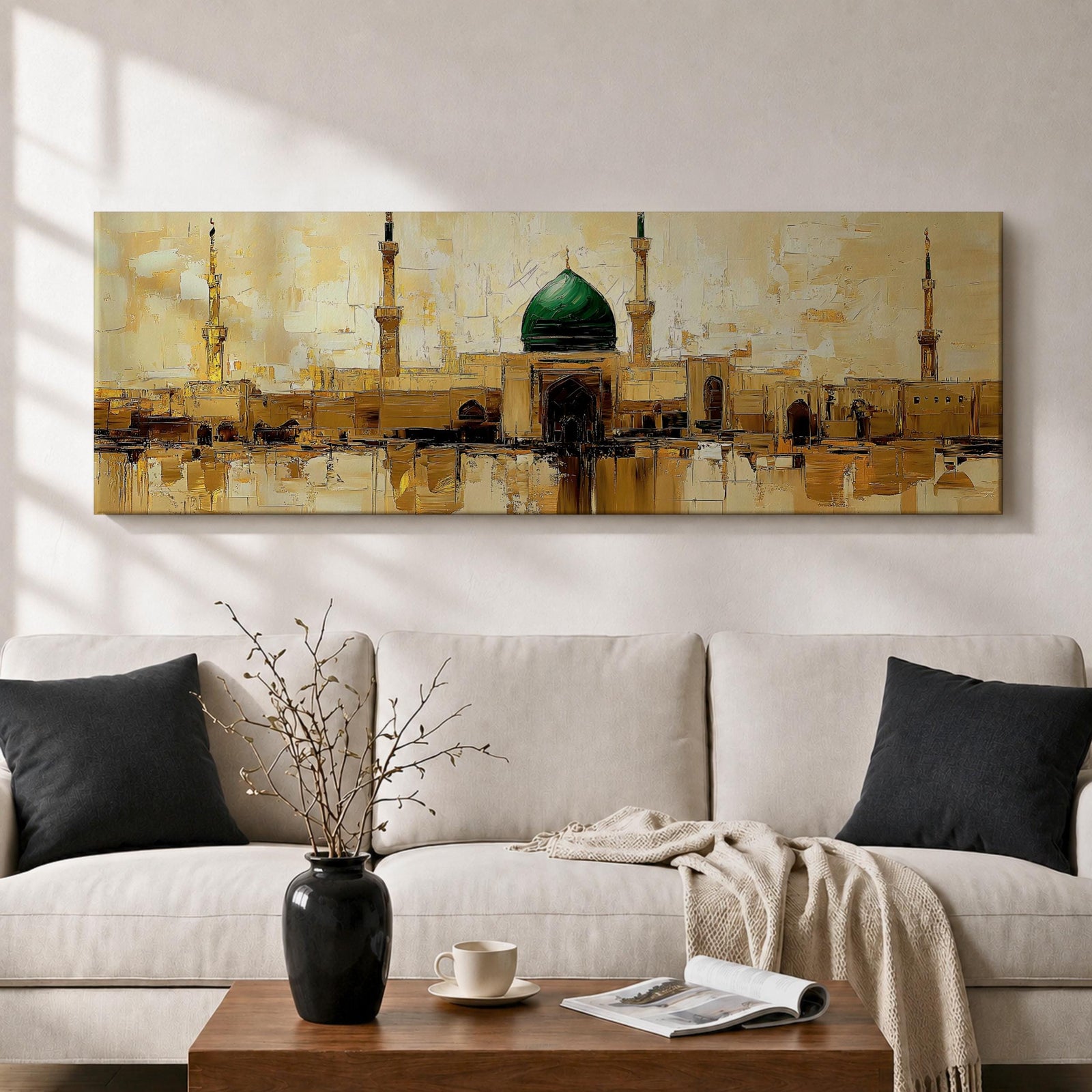 Panoramic painting depicting Masjid Al Nabawi in Medina with its iconic green dome and surrounding minarets rising above golden mosque architecture, rendered with textured brushstrokes and warm earth tones reflecting across calm water beneath a softly illuminated sky.