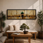 Panoramic painting depicting Masjid Al Nabawi in Medina with its iconic green dome and surrounding minarets rising above golden mosque architecture, rendered with textured brushstrokes and warm earth tones reflecting across calm water beneath a softly illuminated sky.