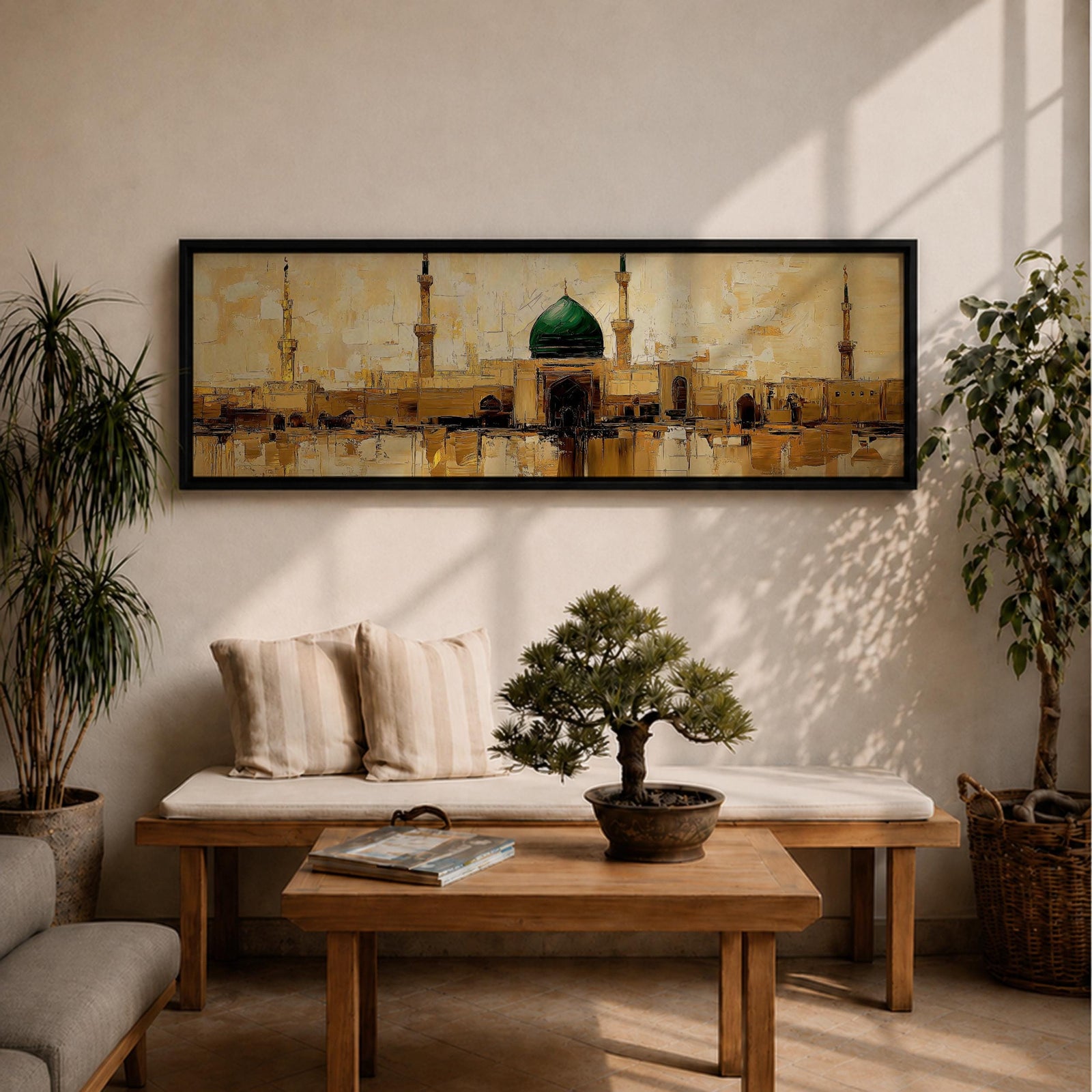 Panoramic painting depicting Masjid Al Nabawi in Medina with its iconic green dome and surrounding minarets rising above golden mosque architecture, rendered with textured brushstrokes and warm earth tones reflecting across calm water beneath a softly illuminated sky.