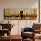Panoramic painting depicting Masjid Al Nabawi in Medina with its iconic green dome and surrounding minarets rising above golden mosque architecture, rendered with textured brushstrokes and warm earth tones reflecting across calm water beneath a softly illuminated sky.
