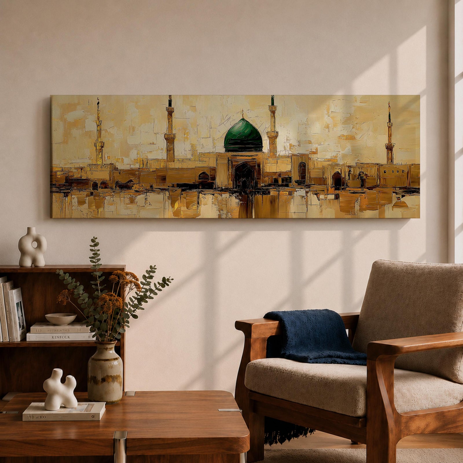 Panoramic painting depicting Masjid Al Nabawi in Medina with its iconic green dome and surrounding minarets rising above golden mosque architecture, rendered with textured brushstrokes and warm earth tones reflecting across calm water beneath a softly illuminated sky.