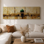 Panoramic painting depicting Masjid Al Nabawi in Medina with its iconic green dome and surrounding minarets rising above golden mosque architecture, rendered with textured brushstrokes and warm earth tones reflecting across calm water beneath a softly illuminated sky.