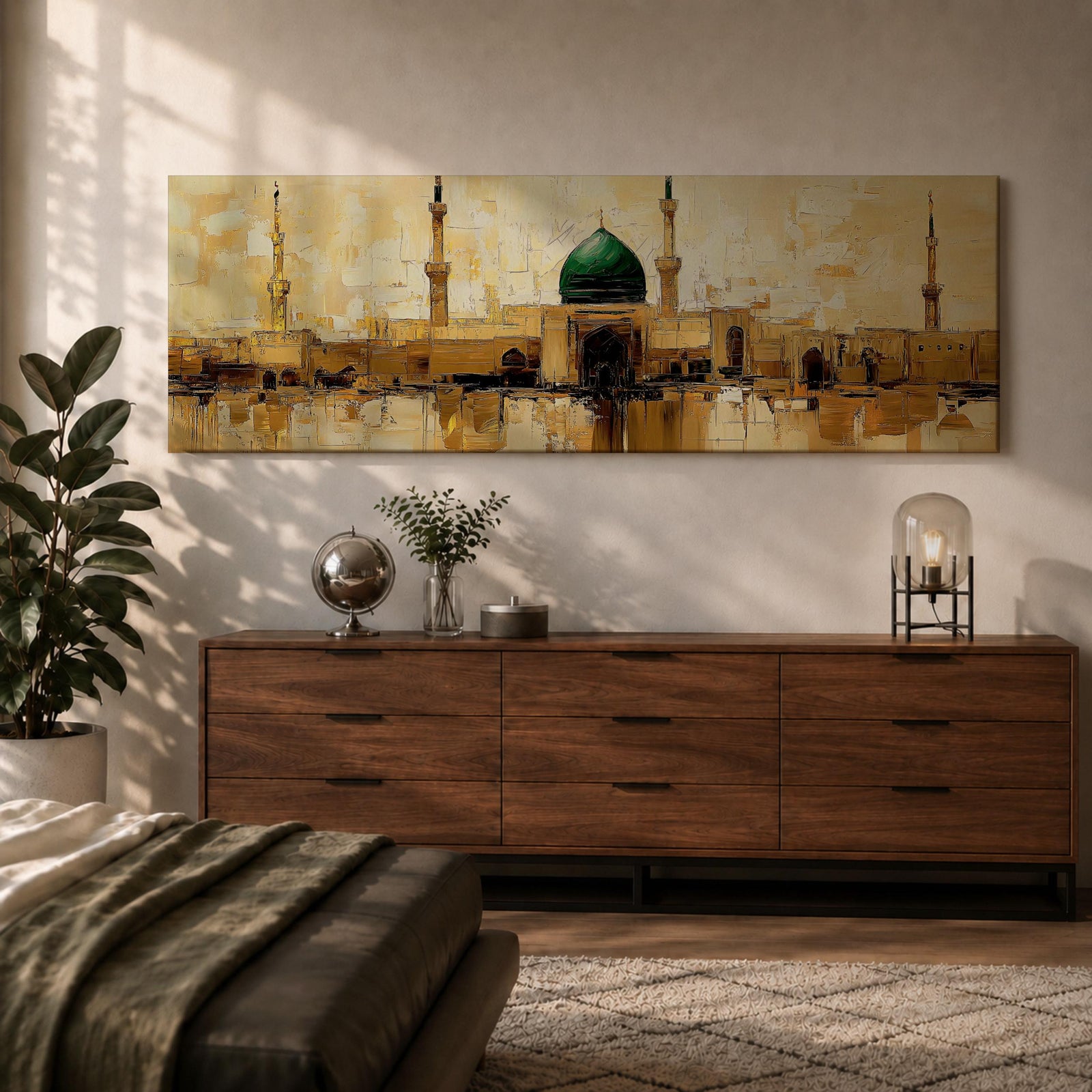 Panoramic painting depicting Masjid Al Nabawi in Medina with its iconic green dome and surrounding minarets rising above golden mosque architecture, rendered with textured brushstrokes and warm earth tones reflecting across calm water beneath a softly illuminated sky.