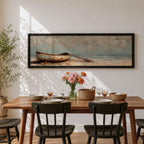 Panoramic oil painting of a weathered wooden rowboat resting on a sandy beach with a single oar lying beside it, facing calm ocean water and a distant horizon beneath a textured cloudy sky rendered in muted coastal tones with soft waves and subtle shoreline detail.