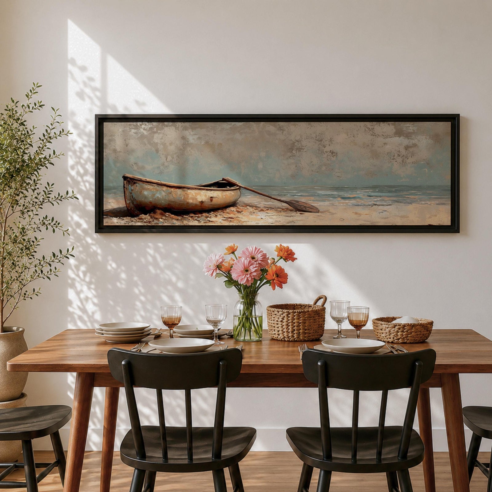 Panoramic oil painting of a weathered wooden rowboat resting on a sandy beach with a single oar lying beside it, facing calm ocean water and a distant horizon beneath a textured cloudy sky rendered in muted coastal tones with soft waves and subtle shoreline detail.